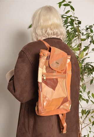 VINTAGE PATCHWORK LEATHER BACKPACK BAG IN TAN