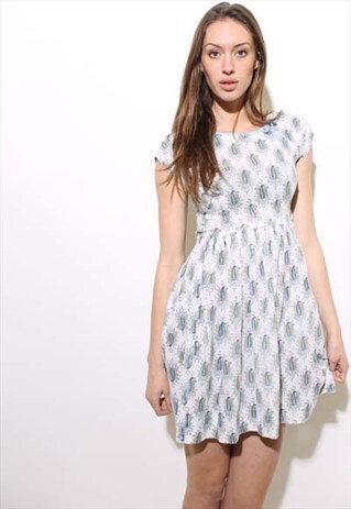 VINTAGE 1950'S 50'S WHITE LINEN FLORAL BABYDOLL DRESS XS-S
