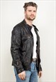 VINTAGE 90'S MEN LEATHER BIKER JACKET IN RUSTIC BLACK