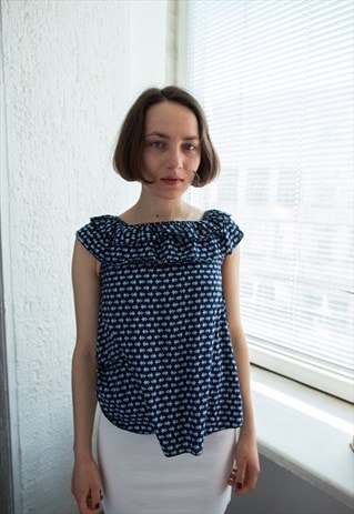 VINTAGE 70'S BLUE PATTERNED SLEEVELESS BLOUSE