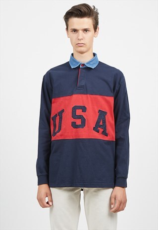 90S VINTAGE NAVY RED JESS LONG SLEEVE POLO SHIRT TOP