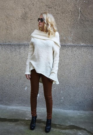 WHITE SWEATER KNITWEAR DRESS PULLOVER KNIT BLOUSE F1651
