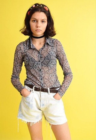 90'S RETRO KITSCH BOHO PRINT SHEER MESH BLOUSE TOP