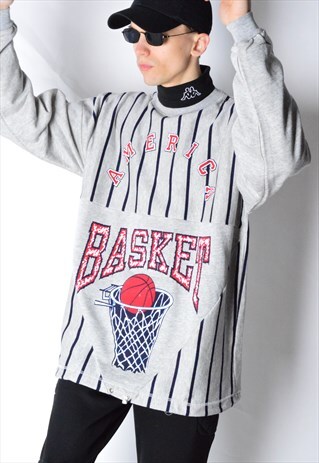 VINTAGE 90S GREY STRIPED BASKETBALL SWEATSHIRT