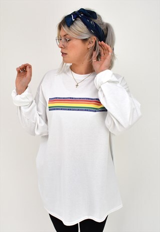 G&G UNISEX WHITE L/S CUFFED CHUNKY RAINBOW TEE