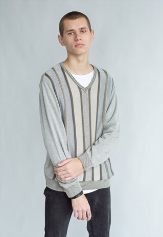 VINTAGE 80S DADS V-NECK JUMPER IN STRIPE