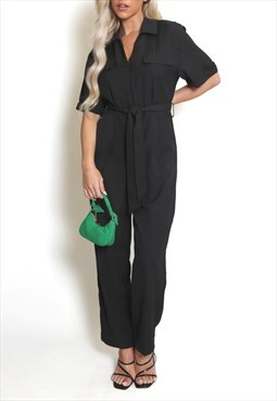 Belted Straight Leg Jumpsuit In Black