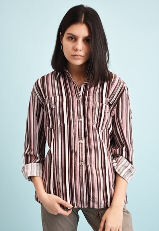 Y2K STRIPED PRINT CORDUROY MOMS SHIRT TOP