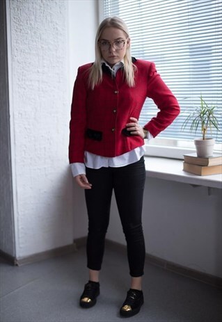 VINTAGE 80'S RED/BLACK CHECKED WOOL JACKET