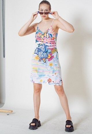 VINTAGE Y2K STRAPPY BUTTERFLY PRINTED STRETCHY MIDI DRESS S