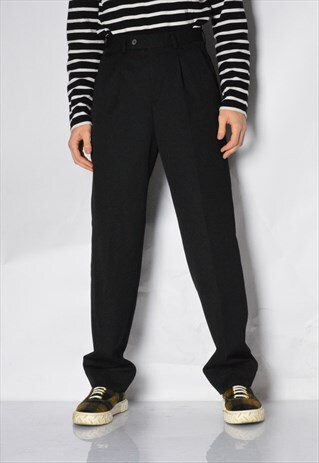 VINTAGE 90S BLACK MINIMALIST WOOL BLEND PLEATED PANTS