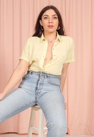 VINTAGE 80S SHORT SLEEVE BLOUSE IN YELLOW CHECK
