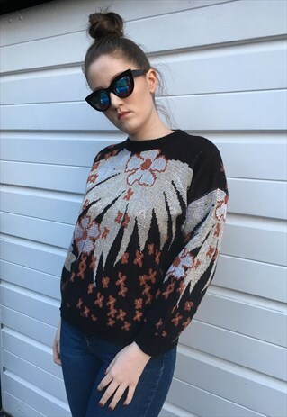 WOMENS VINTAGE 80S JUMPER BLACK SPARKLY FLORAL SWEATER TOP