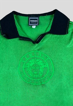 Versace Vintage 90s Green mesh vest top with black collar 