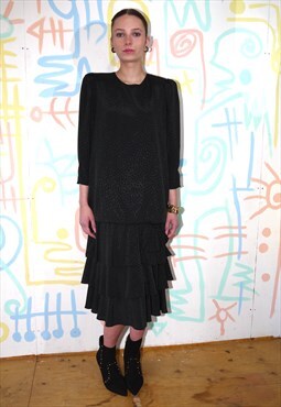Dress Vintage 80s Black Loose Tiered Frill Size 10 REVIVAL