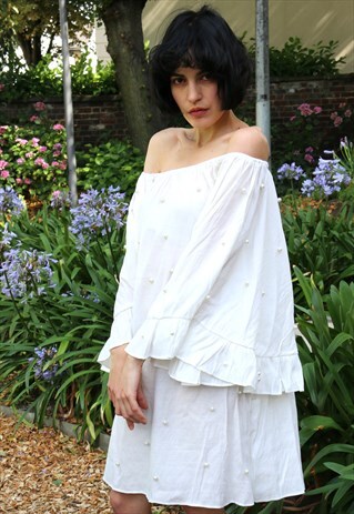 PEARL EMBELLISHED FRILL OVERSIZED SLEEVES DRESS HOLIDAY WEAR