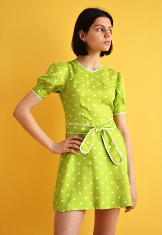 CUTE VINTAGE 50'S RETRO POLKA DOT MINI GREEN DRESS