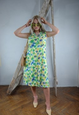 Vintage 80's funky flower retro summer beach dress in green