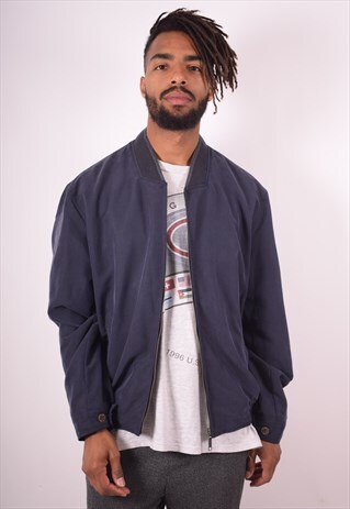 MENS VINTAGE BOMBER JACKET LARGE NAVY BLUE 90S