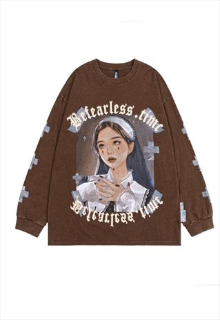 Nun sweatshirt Gothic print long sleeve tee vintage wash top