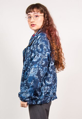 VINTAGE 90'S BLUE FLORAL PRINT OVERSIZED BOMBER JACKET