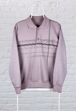 Vintage Patterned Sweatshirt Polo Neck Pale Pink Medium