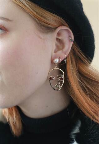 GOLD PEARL & RED GEM DROP ABSTRACT FACE EARRINGS