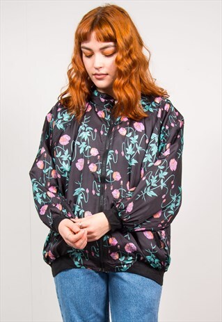 VINTAGE 90'S BLACK FLORAL PATTERN SILK BOMBER JACKET