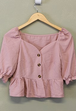 Vintage Ruffle Summer Top Pink Button Up 