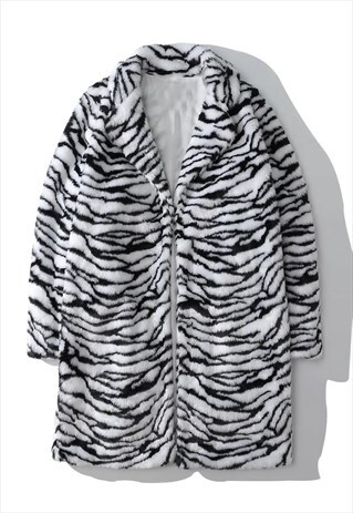 ZEBRA FLEECE COAT FAKE FUR 70SANIMAL PRINT TRENCH COAT WHITE