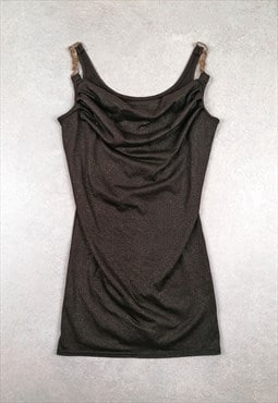 Y2K Cowl Neck Tank Top Brown Gold Metallic Thread