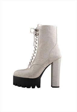 Lace Up Boots Silver Mesh Chunky Heels Ankle Booties