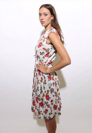 VINTAGE 50S FLORAL WHITE SUN DRESS PLEATED DEADSTOCK M-L