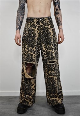 Wide leopard jeans ripped animal print denim pants brown