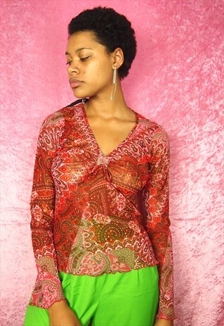 RED FLORAL MESH TOP