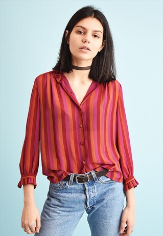 80'S RETRO LOOSE-FITTED STRIPED RUFFLE SHIRT BLOUSE