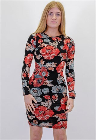 VINTAGE PARTY FLORAL BODYCON FESTIVAL MIDI DRESS IN BLACK
