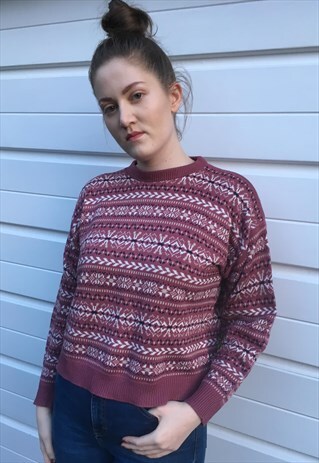 WOMENS VINTAGE 80S JUMPER FAIRISLE NORDIC PATTERNED SWEATER