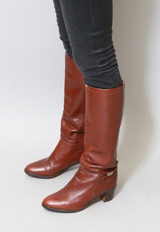 VINTAGE 1970'S KNEE HIGH BROWN LEATHER BOOTS