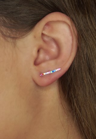 RAINBOW COLORED STONE EAR CLIMBERS IN STERLING SILVER