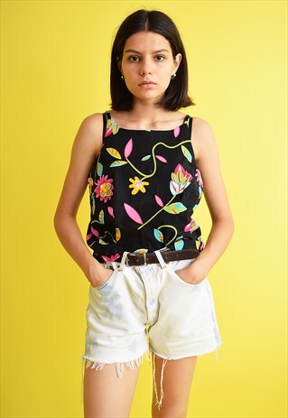 90'S RETRO BOHO FLORAL PRINT SPAGHETTI STRAPS BLOUSE TOP
