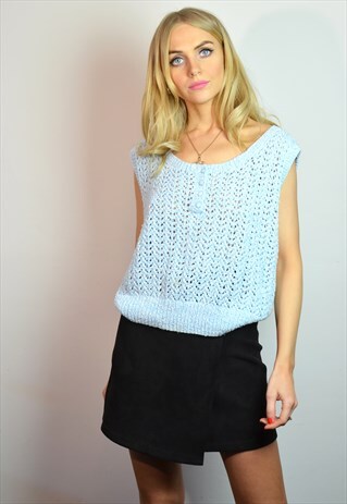 VINTAGE PASTEL BLUE SLEEVELESS KNITTED VEST TOP