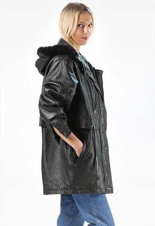 LEATHER PARKA COAT ANORAK HOODED FUR TRIM