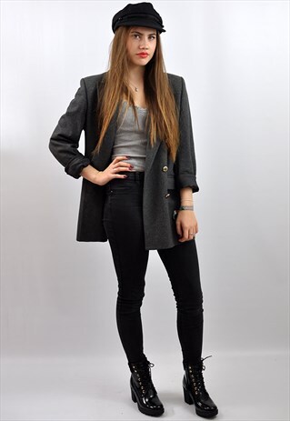 VINTAGE GREY OVERSIZED BOYFRIEND WOOL BLAZER JACKET