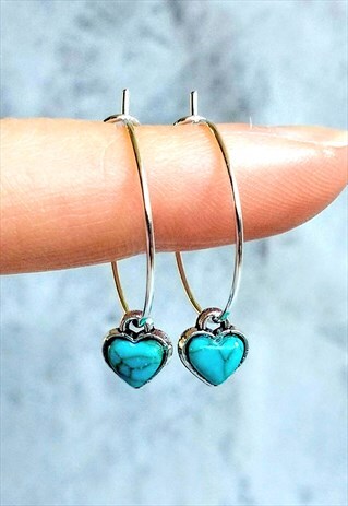 TINY TURQUOISE HEART HOOP EARRINGS