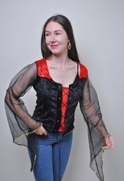 Sheer sleeves blouse, black velvet top, corset blouse