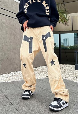 Gun print trousers denim feel mesh overalls star pants cream