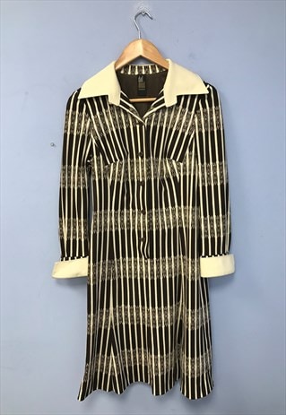 Vintage 80s Shirt Dress Brown White Striped Collared