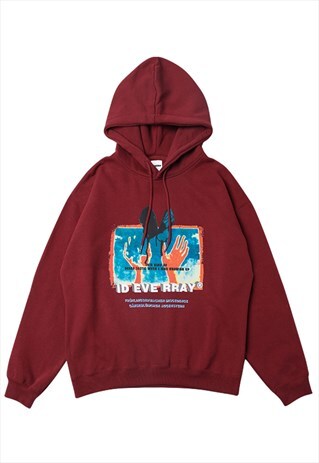 THERMAL PRINT HOODIE HAND PRINT PULLOVER GRUNGE JUMPER RED