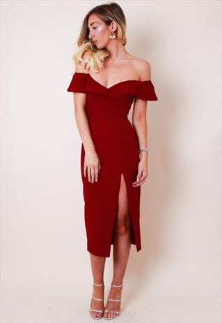 SWEETHEART OFF SHOULDER MIDI DRESS - BURGUNDY